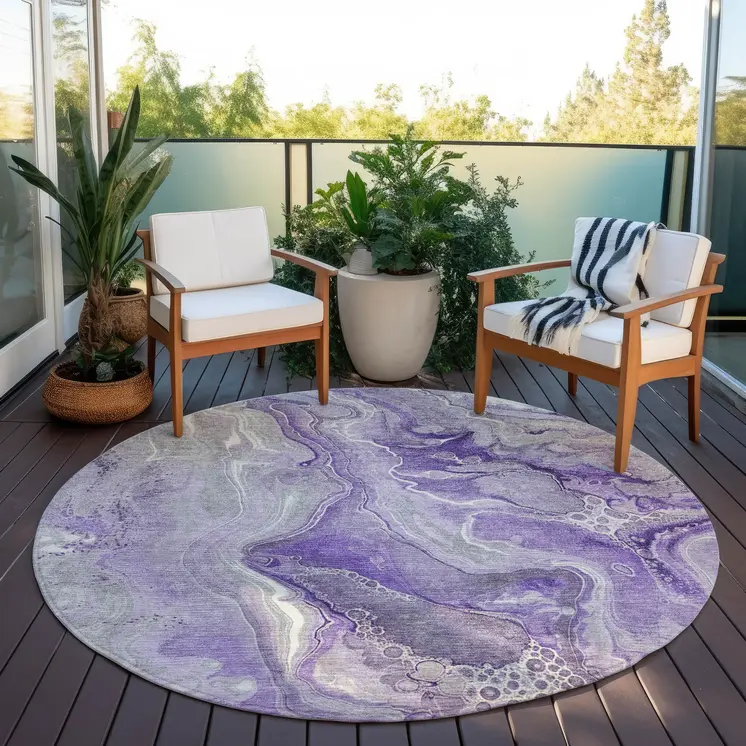 8' Purple And Ivory Round Abstract Washable Indoor Outdoor Area Rug