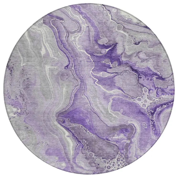 8' Purple And Ivory Round Abstract Washable Indoor Outdoor Area Rug