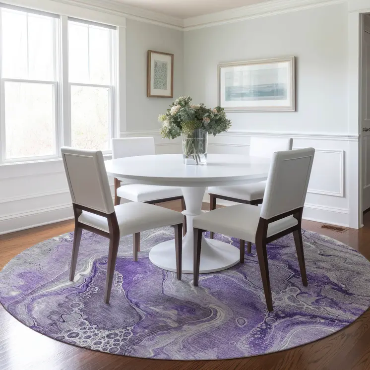 8' Purple And Ivory Round Abstract Washable Indoor Outdoor Area Rug