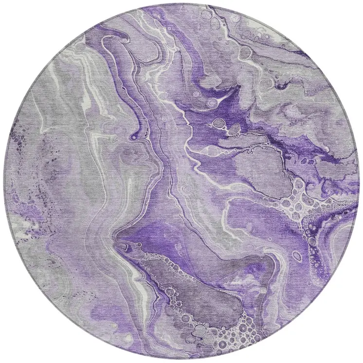 8' Purple And Ivory Round Abstract Washable Indoor Outdoor Area Rug
