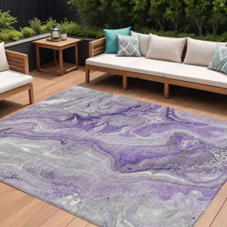 10' X 14' Purple And Ivory Abstract Washable Indoor Outdoor Area Rug