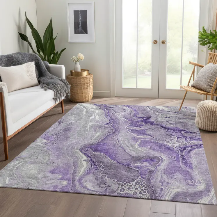 10' X 14' Purple And Ivory Abstract Washable Indoor Outdoor Area Rug