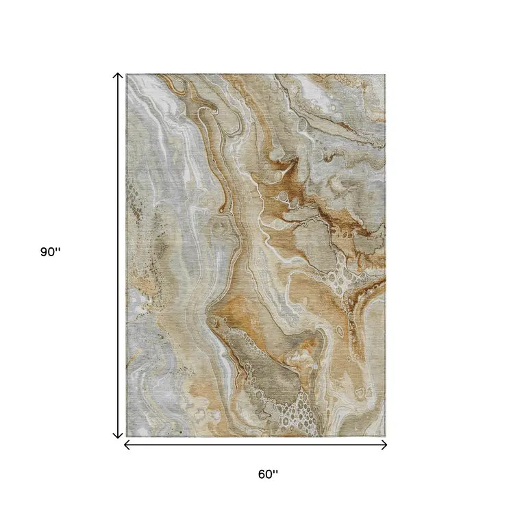 5' X 8' Pewter And Ivory Abstract Washable Indoor Outdoor Area Rug