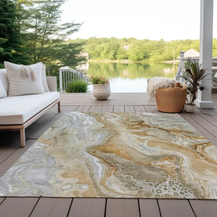 5' X 8' Pewter And Ivory Abstract Washable Indoor Outdoor Area Rug