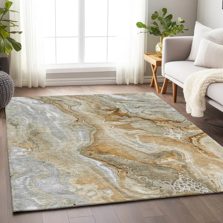 5' X 8' Pewter And Ivory Abstract Washable Indoor Outdoor Area Rug