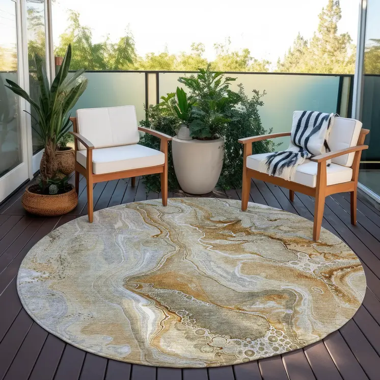8' Pewter And Ivory Round Abstract Washable Indoor Outdoor Area Rug