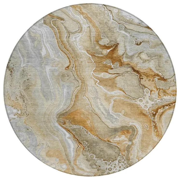 8' Pewter And Ivory Round Abstract Washable Indoor Outdoor Area Rug