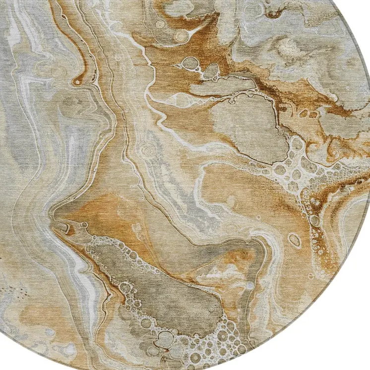 8' Pewter And Ivory Round Abstract Washable Indoor Outdoor Area Rug