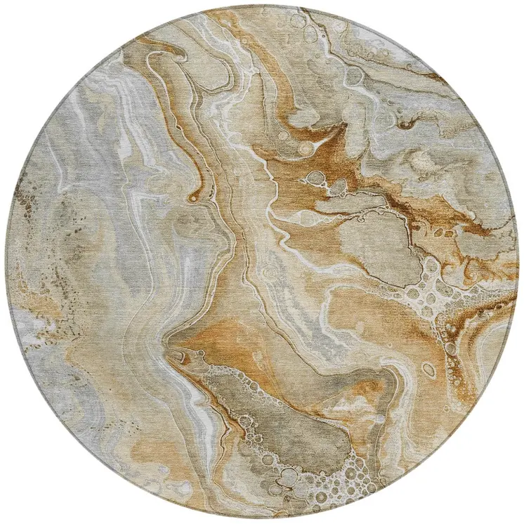 8' Pewter And Ivory Round Abstract Washable Indoor Outdoor Area Rug