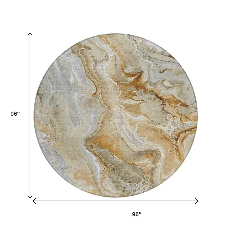 8' Pewter And Ivory Round Abstract Washable Indoor Outdoor Area Rug