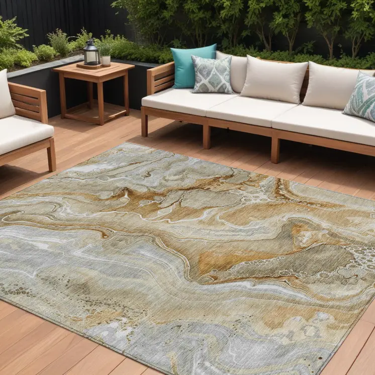 8' X 10' Pewter And Ivory Abstract Washable Indoor Outdoor Area Rug