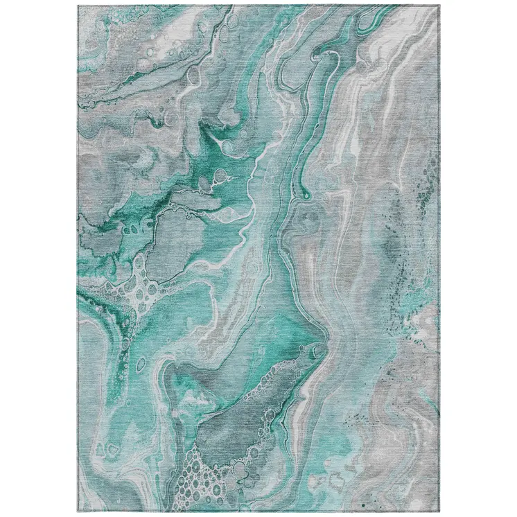 5' X 8' Teal Blue And Ivory Abstract Washable Indoor Outdoor Area Rug