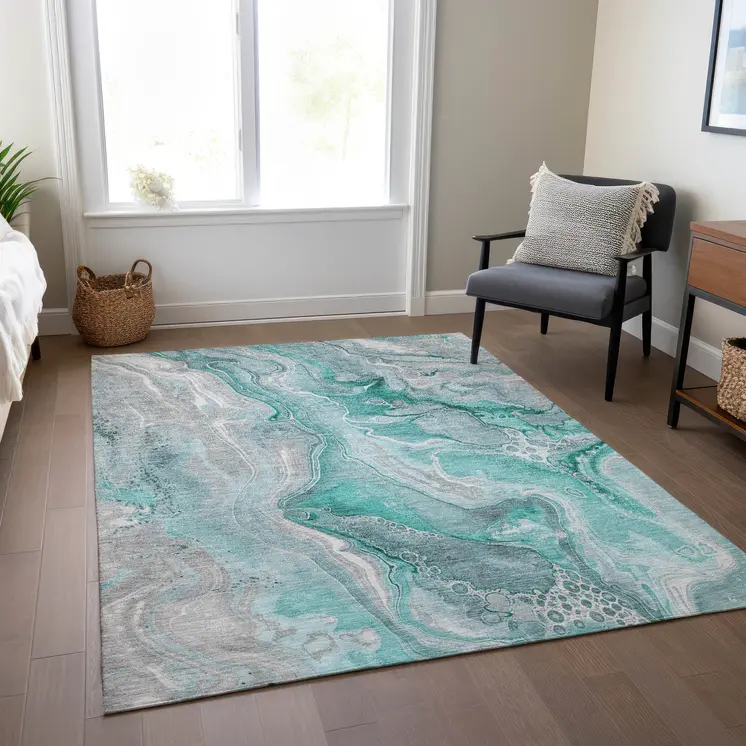 5' X 8' Teal Blue And Ivory Abstract Washable Indoor Outdoor Area Rug