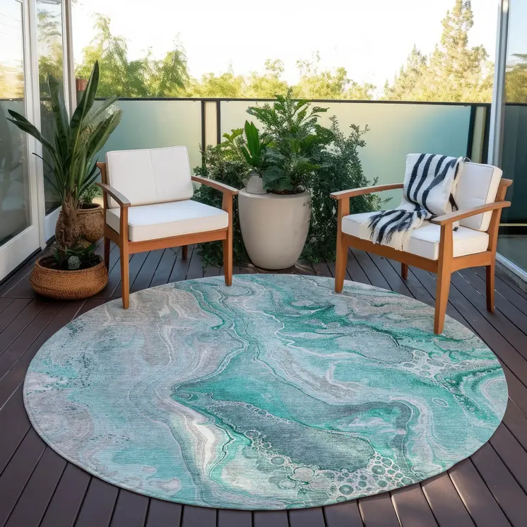 8' Teal Blue And Ivory Round Abstract Washable Indoor Outdoor Area Rug