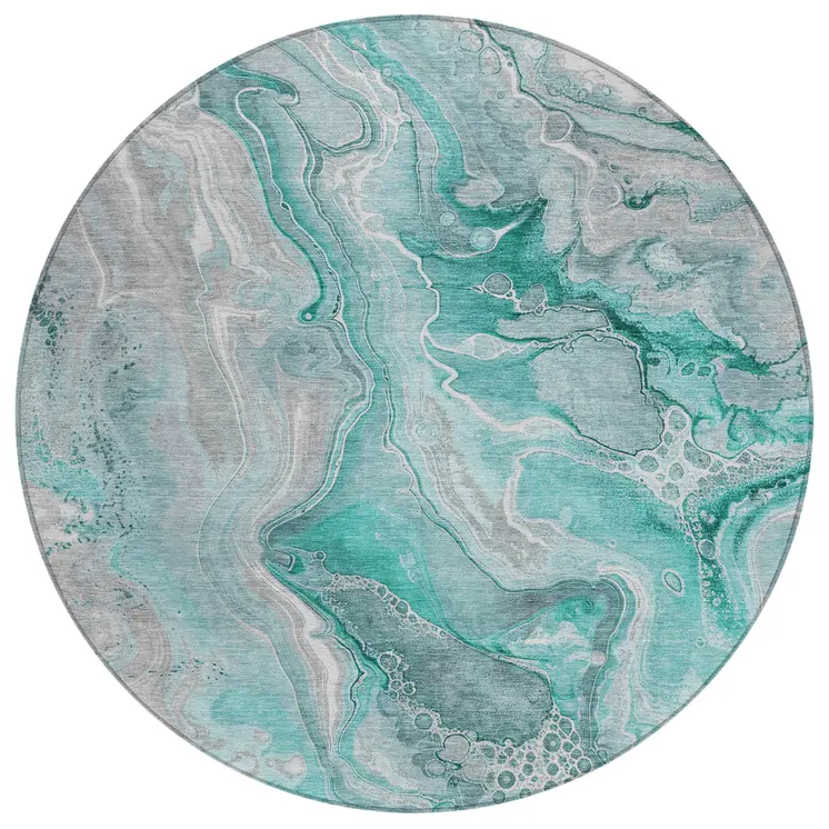 8' Teal Blue And Ivory Round Abstract Washable Indoor Outdoor Area Rug