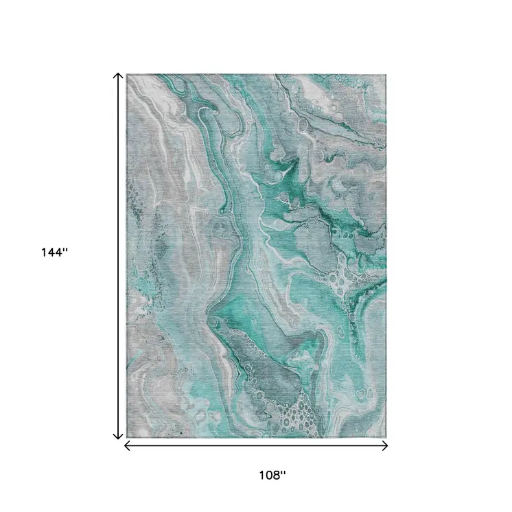 9' X 12' Teal Blue And Ivory Abstract Washable Indoor Outdoor Area Rug