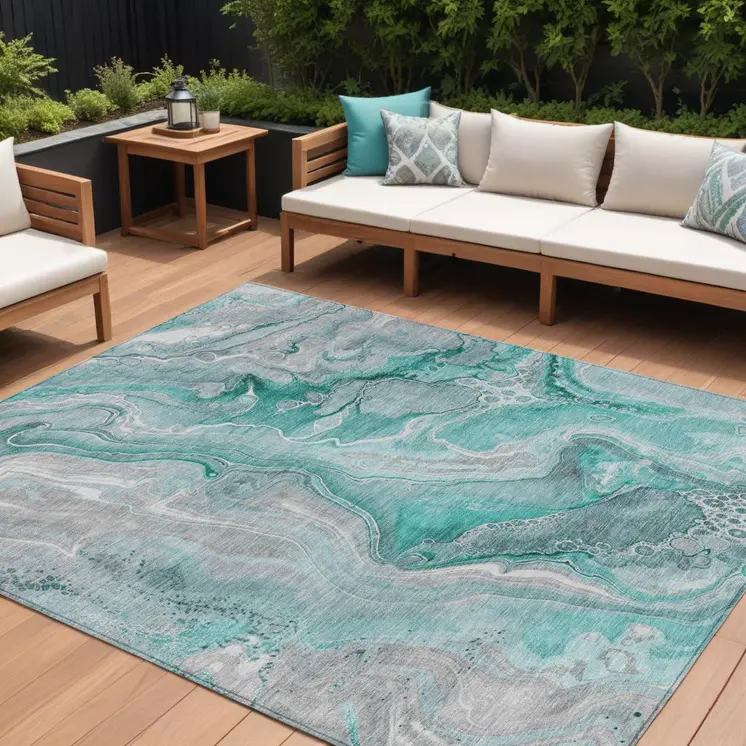 9' X 12' Teal Blue And Ivory Abstract Washable Indoor Outdoor Area Rug