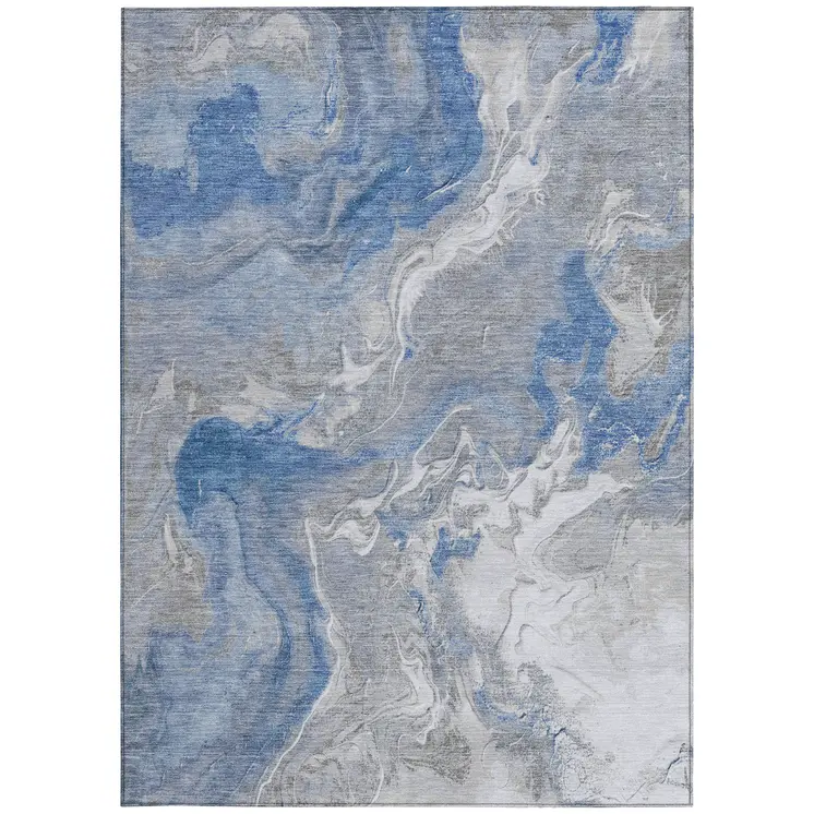3' X 5' Blue And Ivory Abstract Washable Indoor Outdoor Area Rug