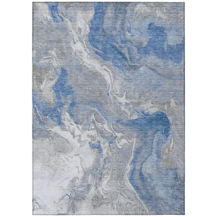 5' X 8' Blue And Ivory Abstract Washable Indoor Outdoor Area Rug