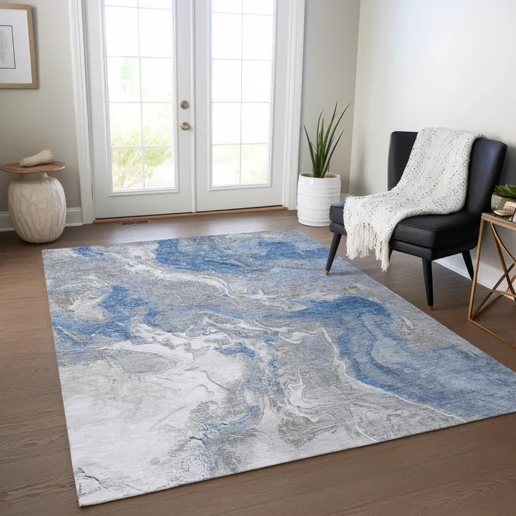 5' X 8' Blue And Ivory Abstract Washable Indoor Outdoor Area Rug