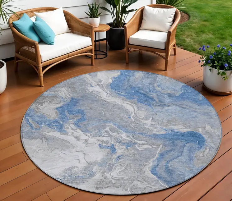 8' Blue And Ivory Round Abstract Washable Indoor Outdoor Area Rug
