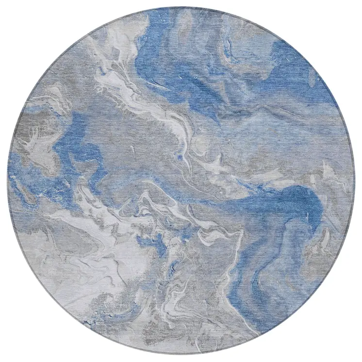 8' Blue And Ivory Round Abstract Washable Indoor Outdoor Area Rug