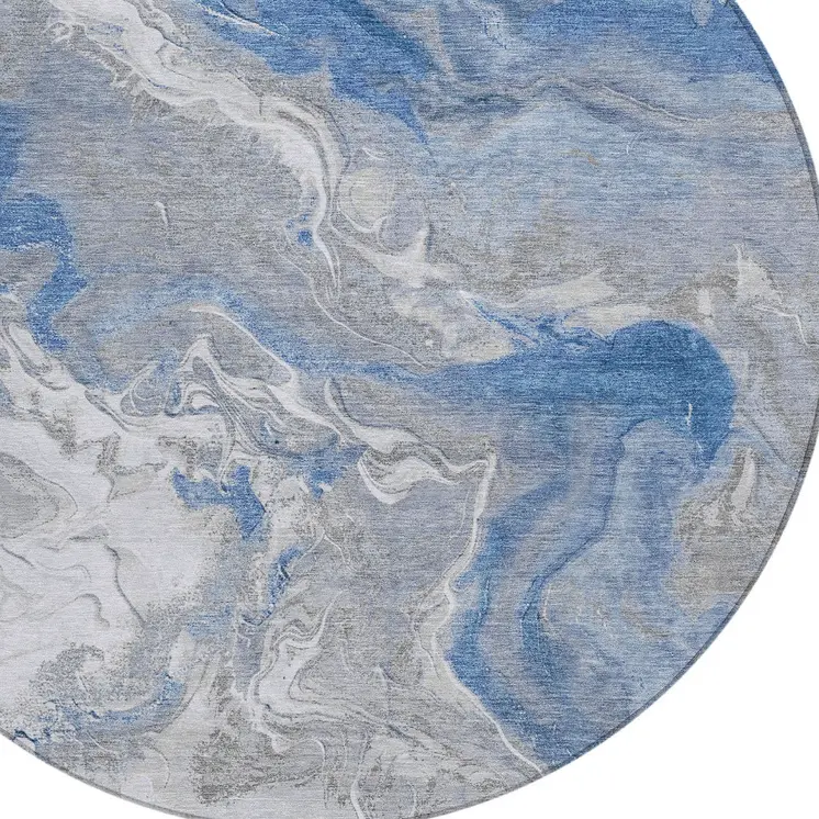 8' Blue And Ivory Round Abstract Washable Indoor Outdoor Area Rug