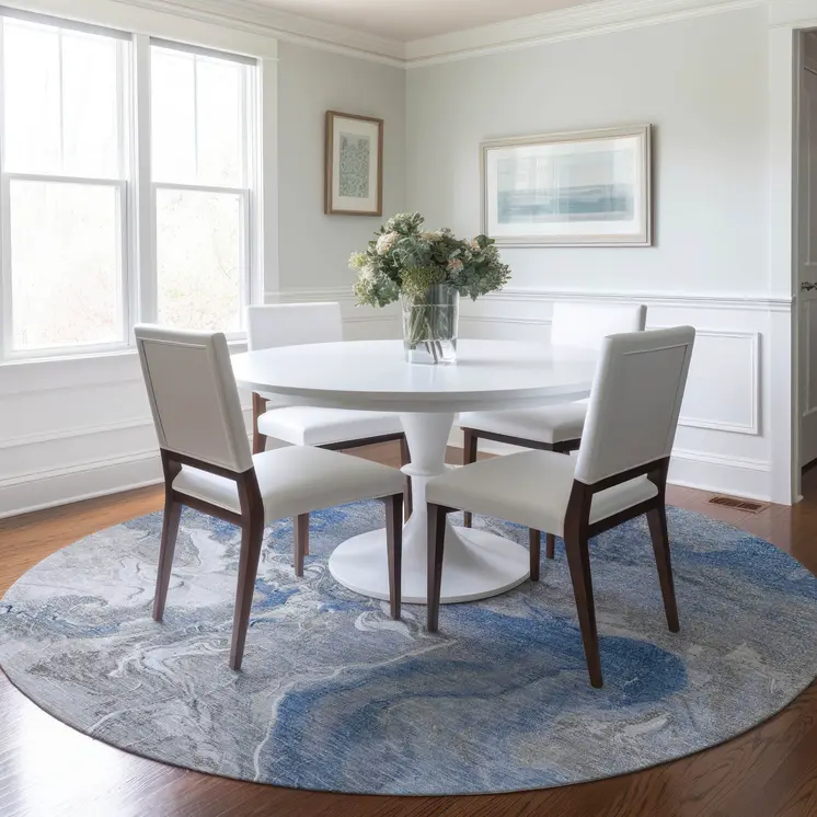 8' Blue And Ivory Round Abstract Washable Indoor Outdoor Area Rug