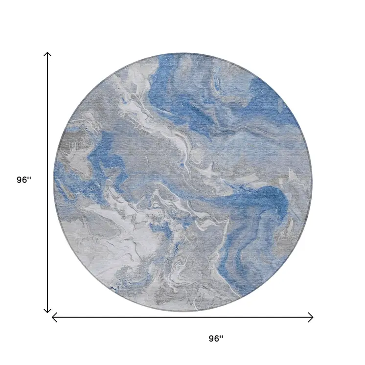 8' Blue And Ivory Round Abstract Washable Indoor Outdoor Area Rug
