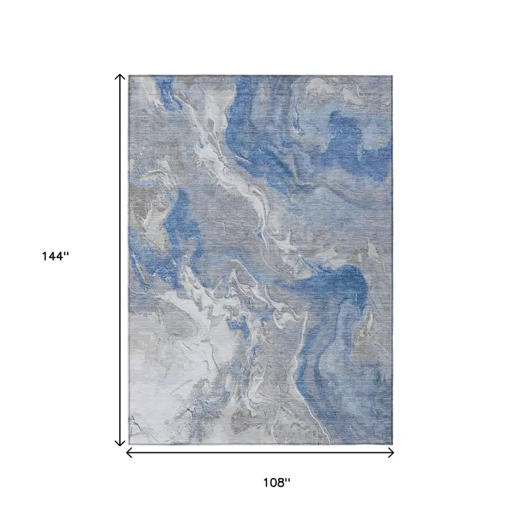 9' X 12' Blue And Ivory Abstract Washable Indoor Outdoor Area Rug