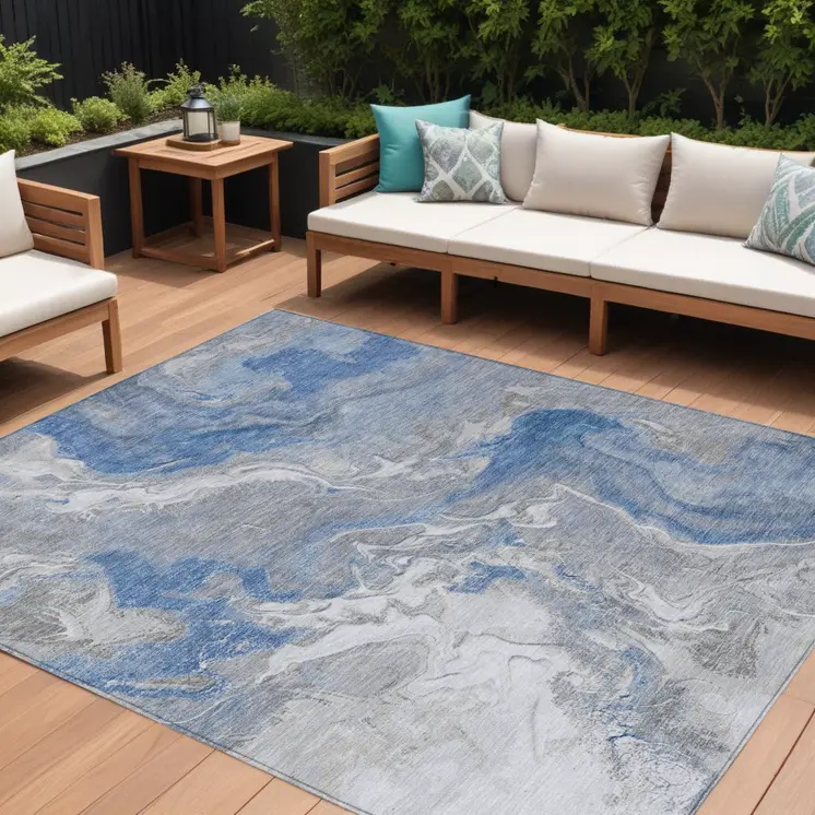 10' X 14' Blue And Ivory Abstract Washable Indoor Outdoor Area Rug
