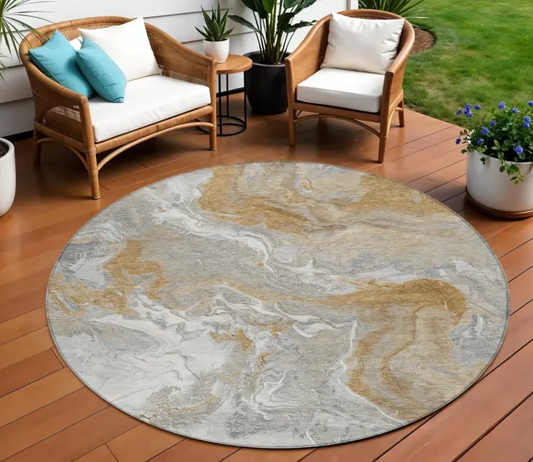 8' Graphite And Ivory Round Abstract Washable Indoor Outdoor Area Rug