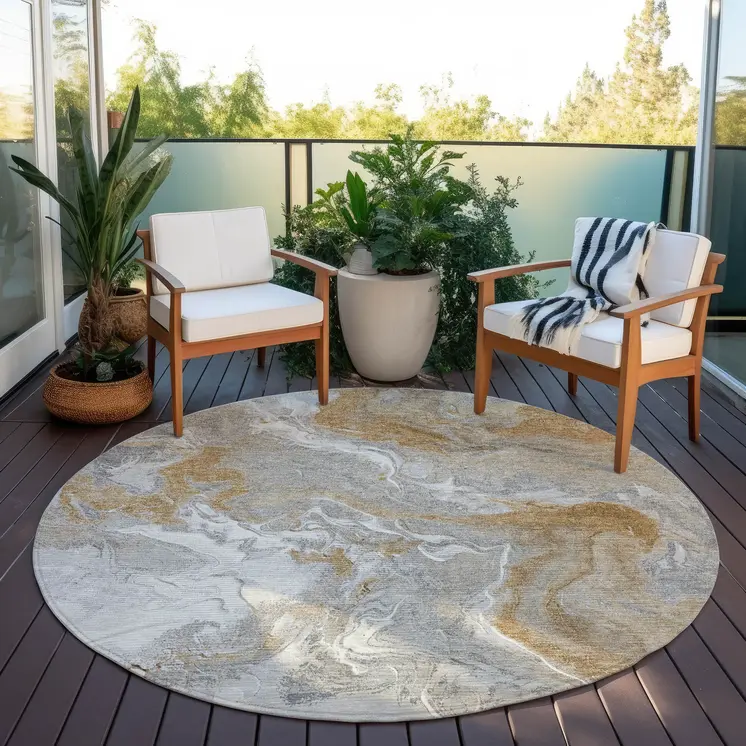 8' Graphite And Ivory Round Abstract Washable Indoor Outdoor Area Rug
