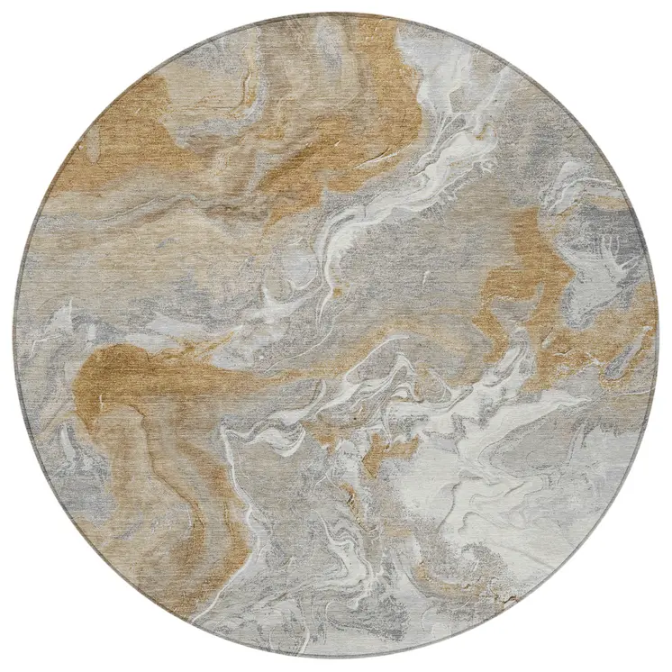 8' Graphite And Ivory Round Abstract Washable Indoor Outdoor Area Rug