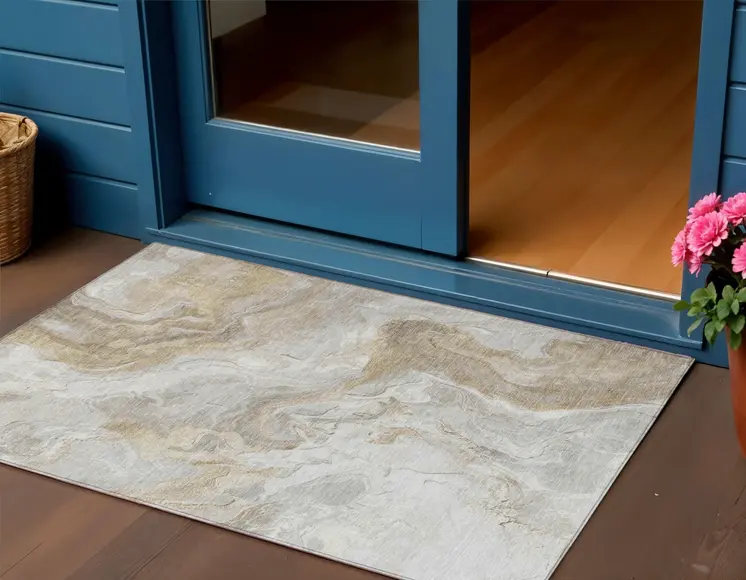 3' X 5' Ivory And Beige Abstract Washable Indoor Outdoor Area Rug