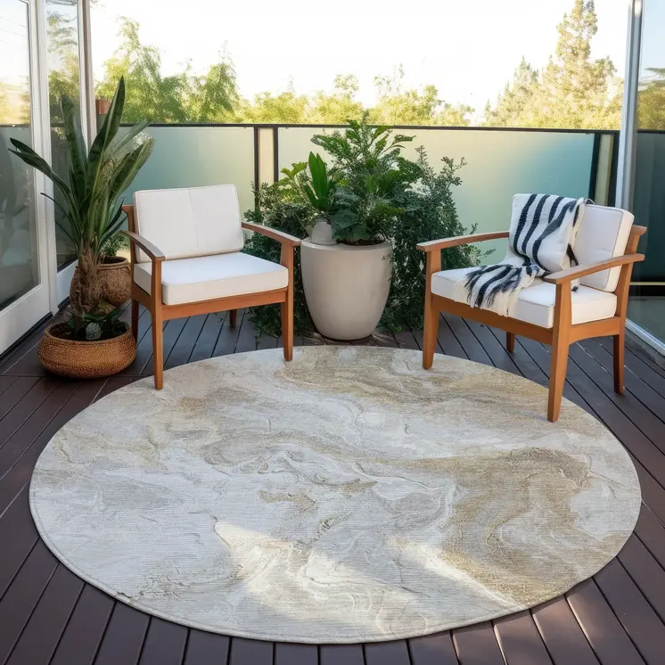 8' Ivory And Beige Round Abstract Washable Indoor Outdoor Area Rug