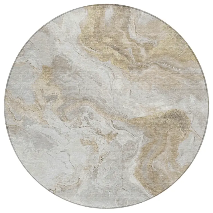 8' Ivory And Beige Round Abstract Washable Indoor Outdoor Area Rug