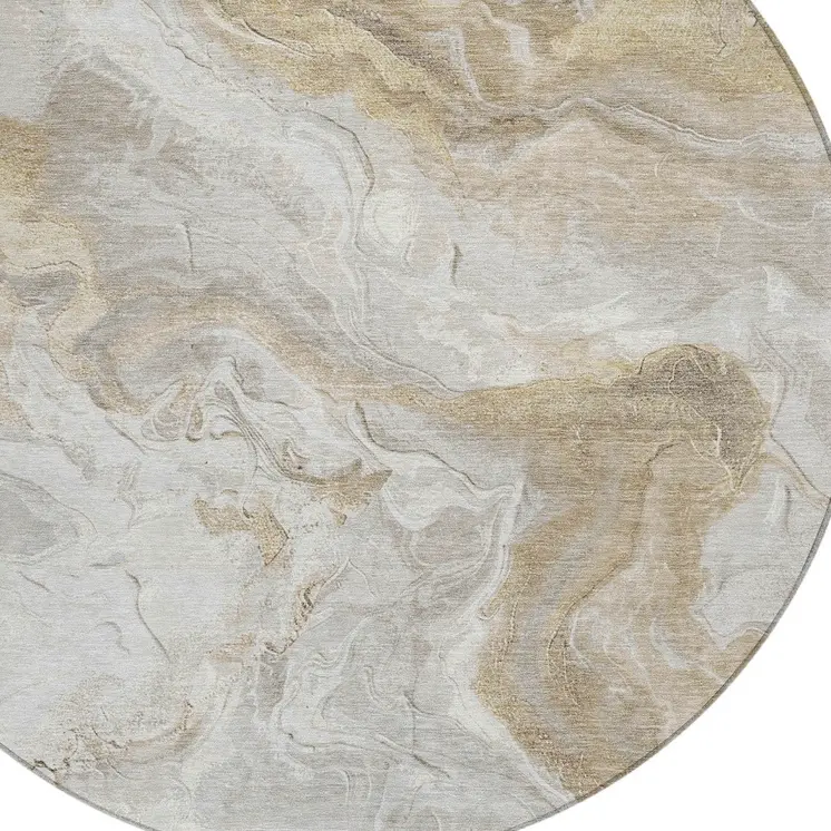8' Ivory And Beige Round Abstract Washable Indoor Outdoor Area Rug