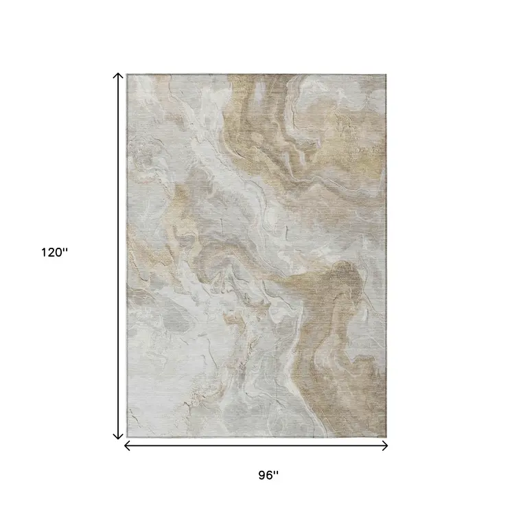 8' X 10' Ivory And Beige Abstract Washable Indoor Outdoor Area Rug