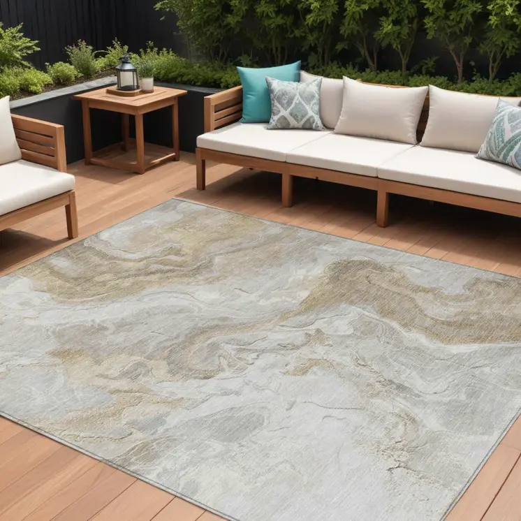 8' X 10' Ivory And Beige Abstract Washable Indoor Outdoor Area Rug