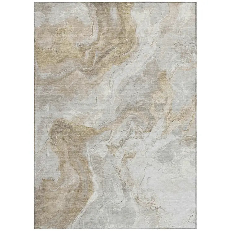 9' X 12' Ivory And Beige Abstract Washable Indoor Outdoor Area Rug