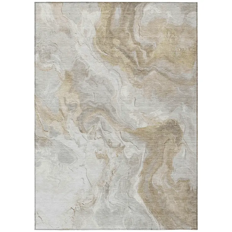 9' X 12' Ivory And Beige Abstract Washable Indoor Outdoor Area Rug
