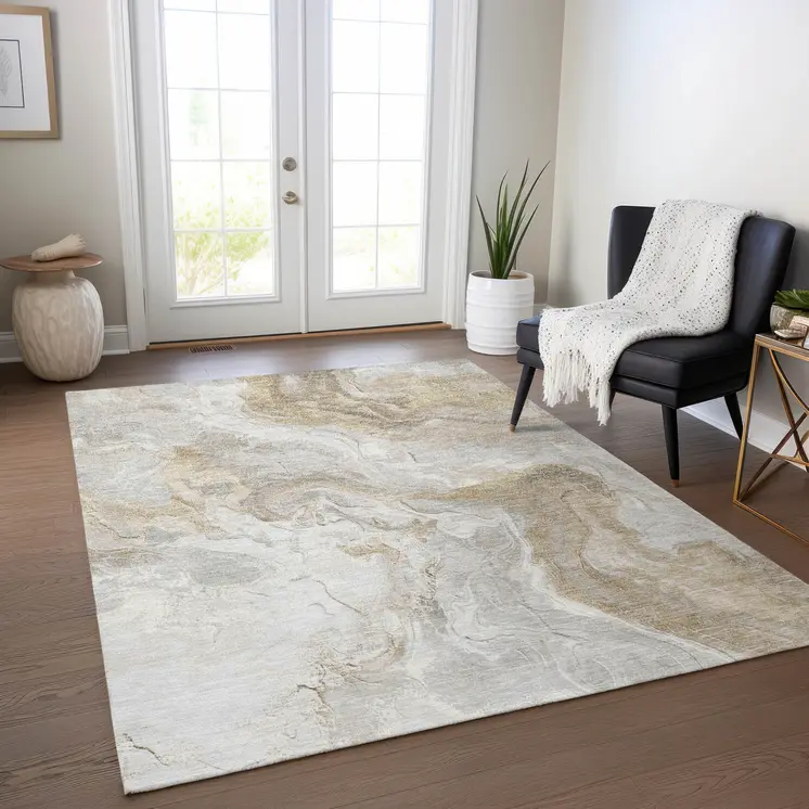 9' X 12' Ivory And Beige Abstract Washable Indoor Outdoor Area Rug