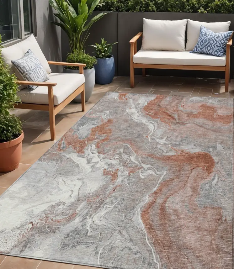 5' X 8' Salmon And Gray Abstract Washable Indoor Outdoor Area Rug