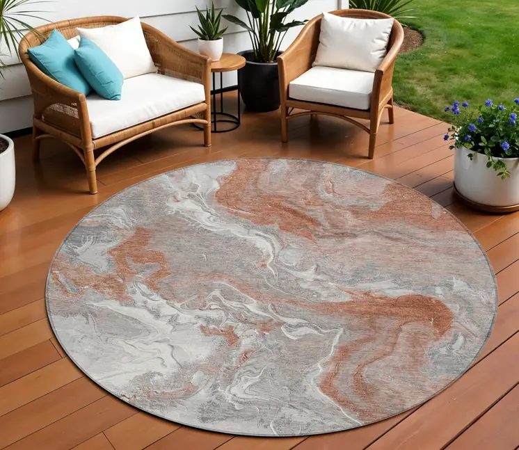 8' Salmon And Gray Round Abstract Washable Indoor Outdoor Area Rug