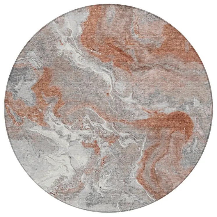 8' Salmon And Gray Round Abstract Washable Indoor Outdoor Area Rug