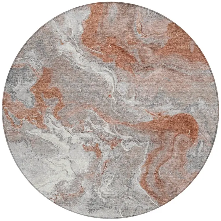 8' Salmon And Gray Round Abstract Washable Indoor Outdoor Area Rug