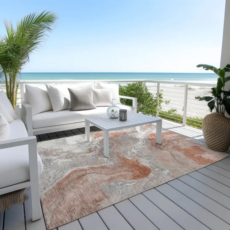 9' X 12' Salmon And Gray Abstract Washable Indoor Outdoor Area Rug
