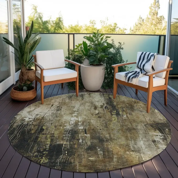 8' Beige And Taupe Round Abstract Washable Indoor Outdoor Area Rug