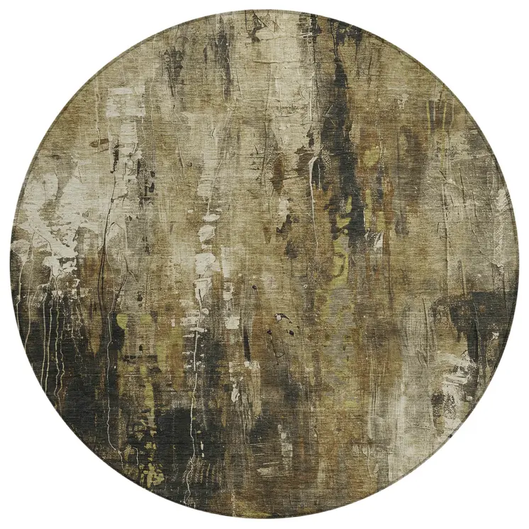 8' Beige And Taupe Round Abstract Washable Indoor Outdoor Area Rug
